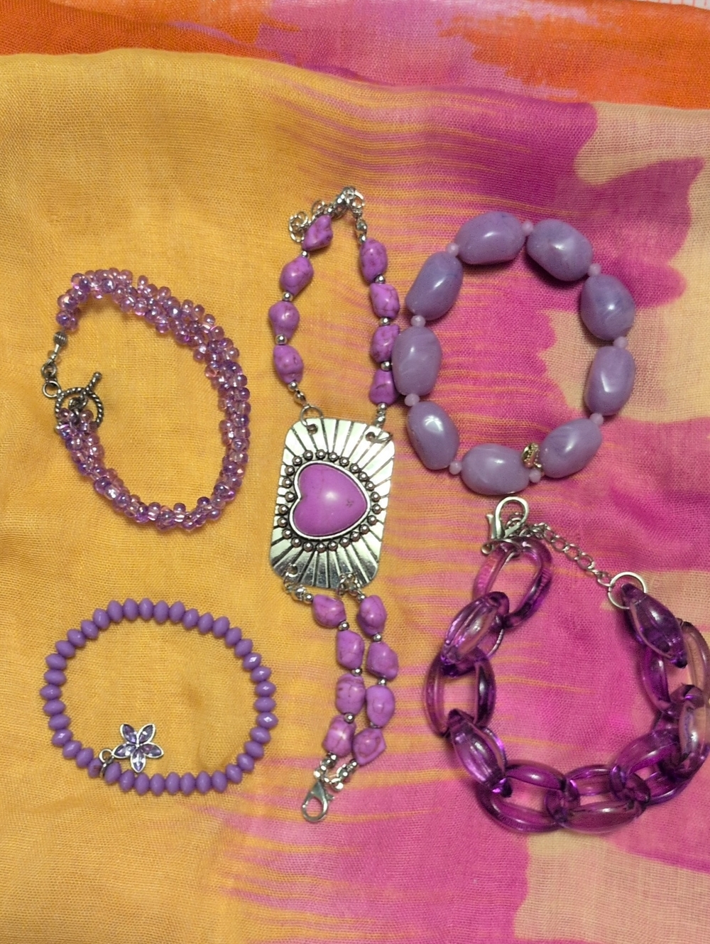 Lot of 5 Purple Bracelets - J.Crew Stretch, Heart Western, Acrylic & Beaded Set
